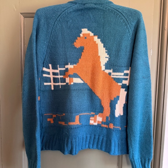 Anthropologie X Tiny Teal Horse Patterned Zip Up Cardigan EUC - Picture 3 of 6